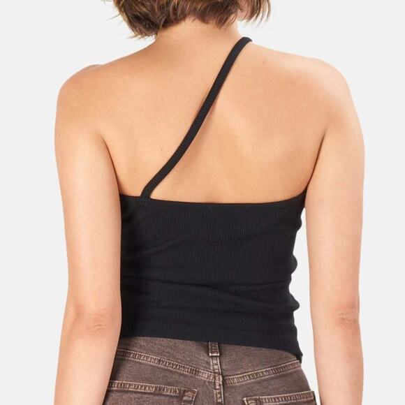 Agolde Lola Asymmetrical Spaghetti Strap Stretch Rib Black Tank Top Size Medium - Picture 3 of 12